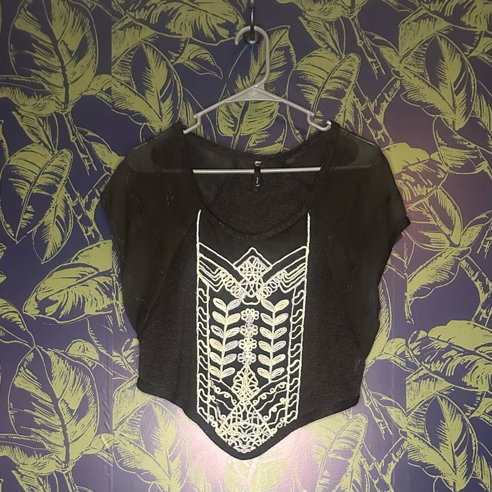 Mono B Black Blouse with White Embroidery